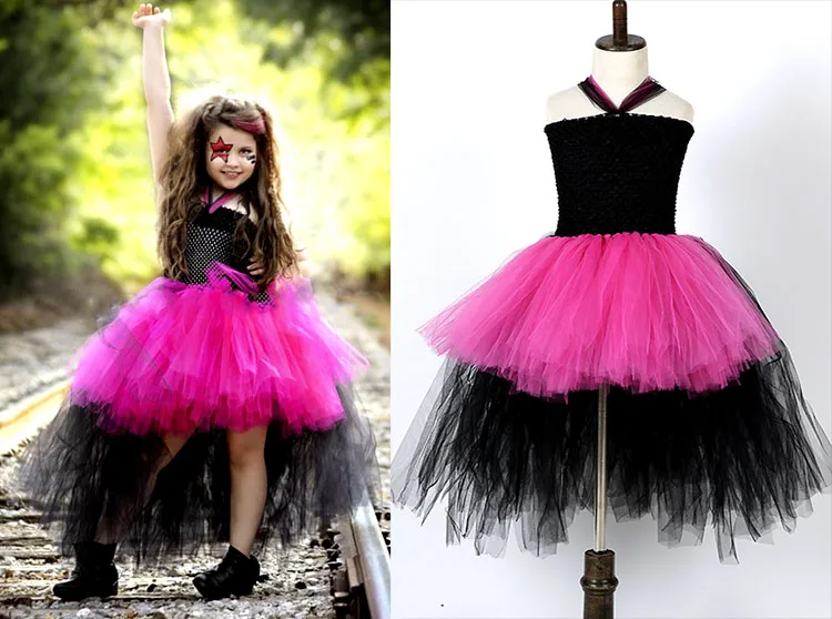 Ярко-розовое платье-пачка в стиле рок-звезды для девочек; Детские страшные платья-пачки для костюмированной вечеринки; детская одежда на Хэллоуин