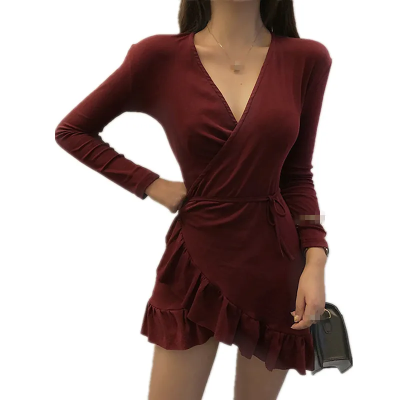 

B3725 2019 new spring autumn women fashionable sexy slim flounces V collar long sleeve dress cheap wholesale