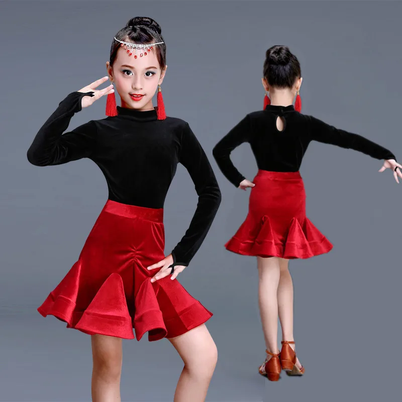 Новые платья для латинских танцев для девочек,, ча-румба-Самба, вельветовое раздельное трико с юбкой, детское платье для латиноамериканских танцев