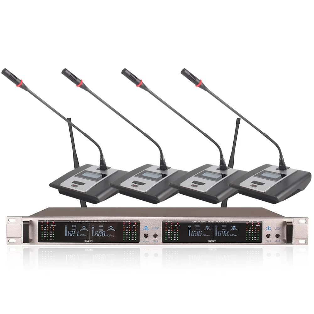 نظام ميكروفون لاسلكي مهني 407GT 4-قناة UHF الديناميكي المهنية 4 سماعات طوق خط مؤتمر