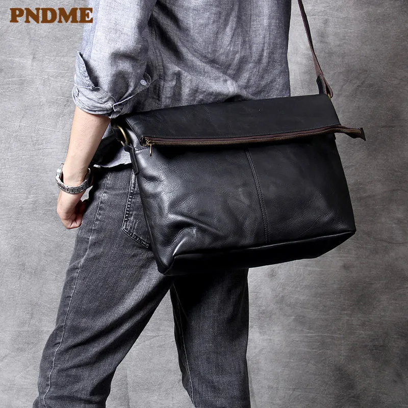 

PNDME high quality casual simple designer soft genuine leather men's diagonal bag personality daily cowhide black shoulder bag