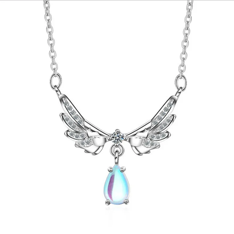 

KOFSAC New Fashion Silver 925 Chain Necklace Micro-Inlay CZ Cute Wings Moonstone Pendant Necklaces For Women Party Jewelry