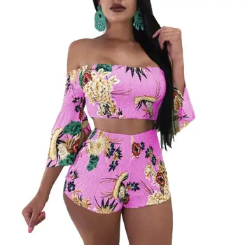 

2Pcs/Set Fashion Summer Women Flower Print Pleated Sexy Off Shoulder Backless Half Sleeve Crop Top Shorts Streetwear Clothes