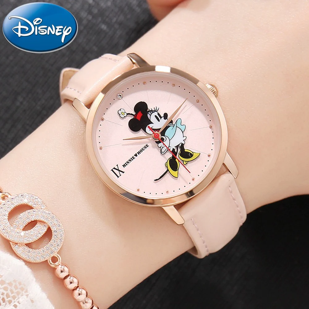 Beste Disney Minnie Mouse Vrouwen Lederen Band Quartz Waterdichte Horloges Damesmode Stalen Gesp Analoge Geschenkdoos Horloge Meisje Klokken