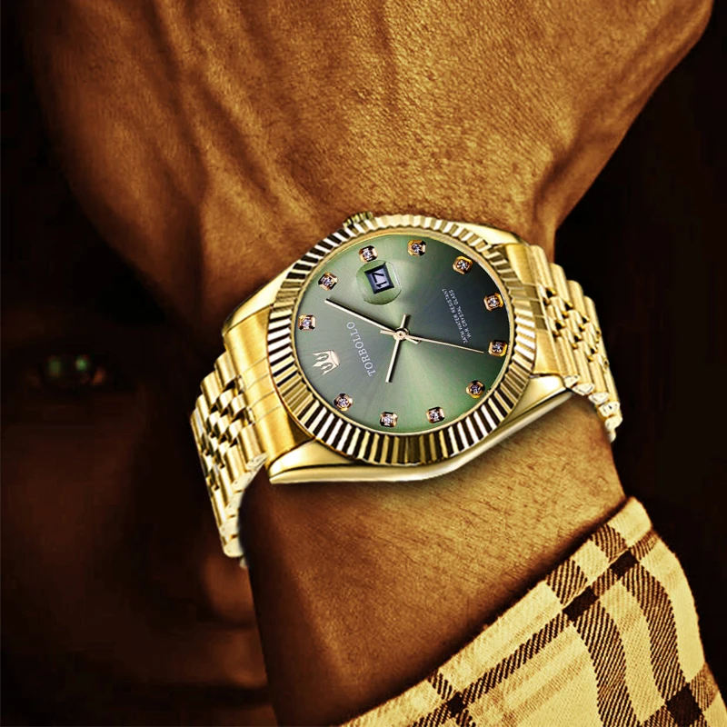 

TORBOLLO Brand New Quartz Watch Men Gold Green Date Analog 3ATM Waterproof Mens Wrist Watch relogio masculino With original box