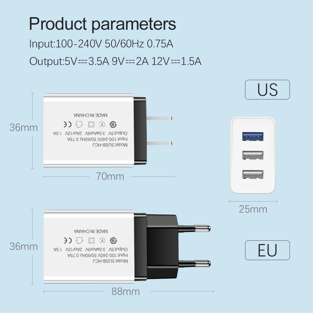 USB зарядное устройство EU US Plug 3 порта Быстрая зарядка мобильного телефона зарядное устройство для iPhone X samsung Xiaomi huawei дорожное зарядное устройство