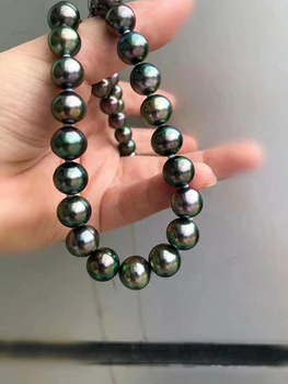 

HUGE AAA 10-11MM ROUND SOUTH SEA GENUINE BLACK GREEN PEARL NECKLACE 18" 925silver GOLD