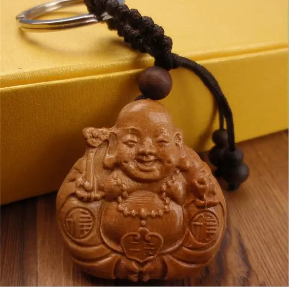 Natural peach wood Maitreya Buddha keychain key ring for unisex men car