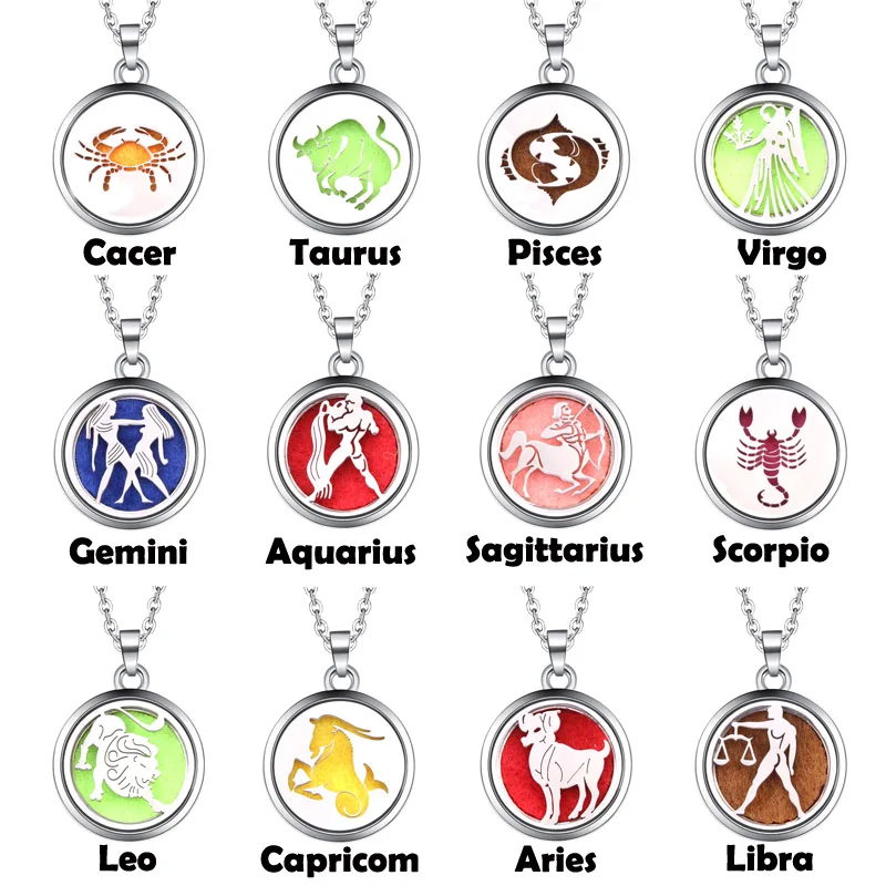 

12 Constellations Perfume Diffuser Necklace Stainless Steel Magnetic Aromatherapy Essential Oil Diffuser Aroma Locket Pendant