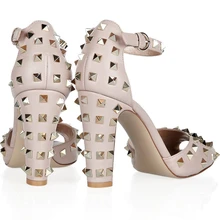 Nude Pink Rivets Women Sandals Square High Heel Ladies Shoes Cover Heel Ankle Strap 2016 Women Shoes Peep Toe sapato feminino