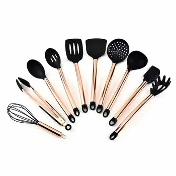 

11PCs Copper Plated Handle Silicone Kitchenware Nonstick Cooking Shovel Spoon Kitchen Skimmer Solid Spatula Tool Set