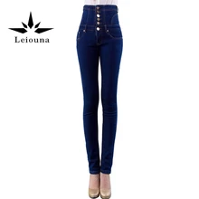Leiouna Skinny Jeans Stretch Pants 2016 Womens Fashion Blue High Waist Single-Breasted Button Warm Pockets Denim Pencil 6xl