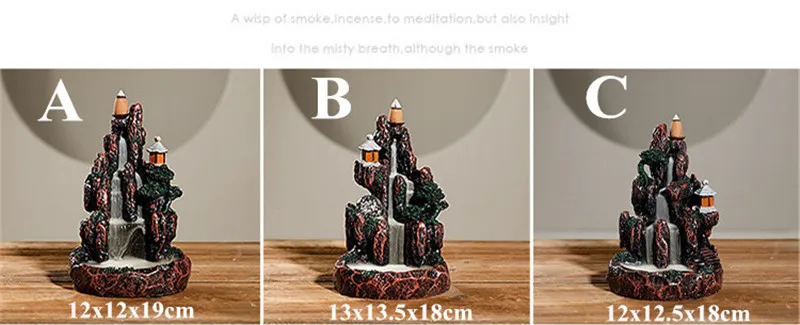 High Mountain Waterfall Design Resin Stone Backflow Incense Burner with 20pcs Mixed Backflow Incense Cones Bullet (2)