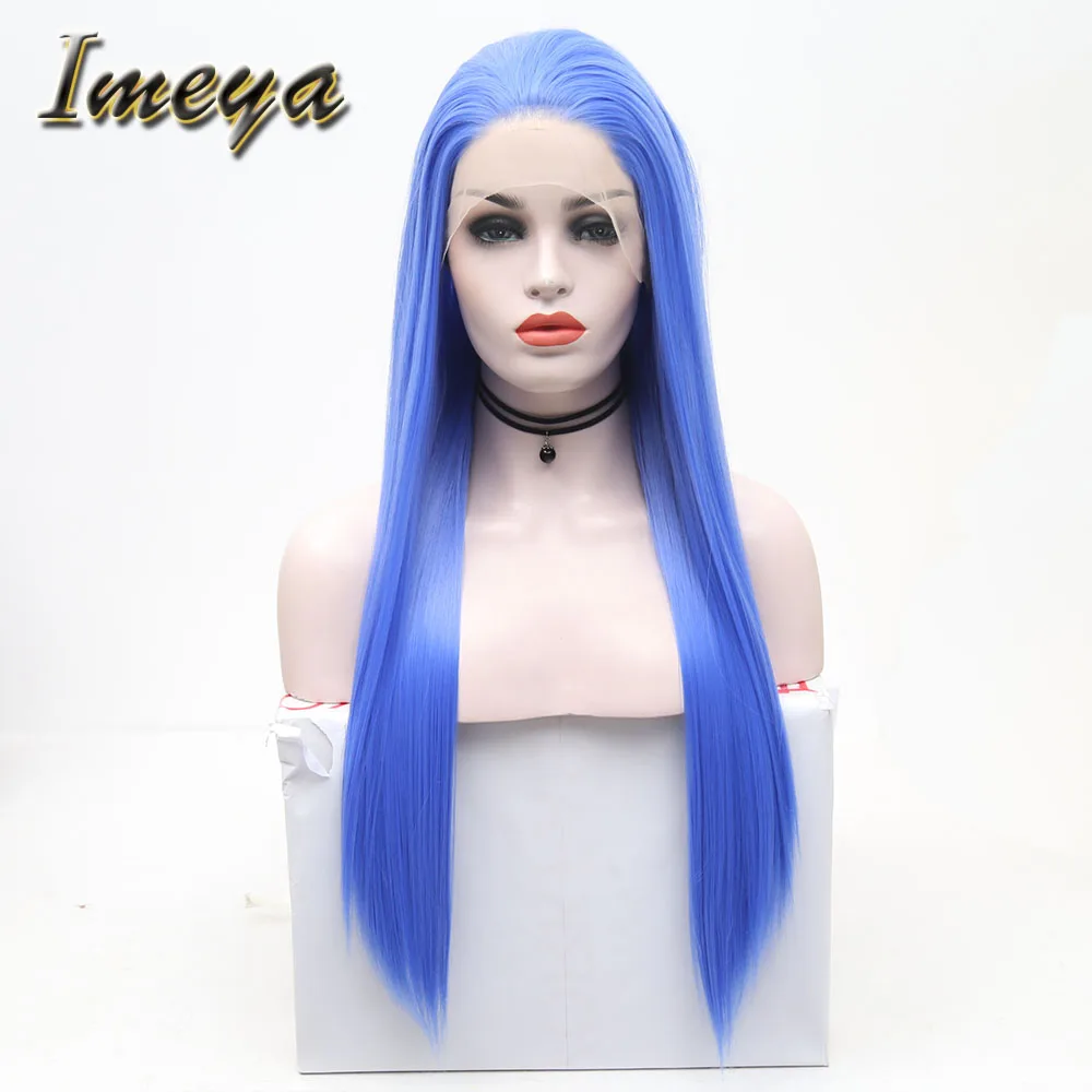 

Imeya Long Silky Straight Synthetic Lace Front Wig Blue Hair Color With Free Part Heat Resistant Fiber Party Wigs For Women