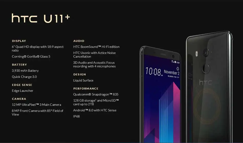 Оригинальный Новый htc U11 плюс мобильный телефон 6 ГБ 128 ГБ Snapdragon 835 Octa Core 6,0 дюймов Android 8,0 водонепроницаемый пыленепроницаемый телефон IP68