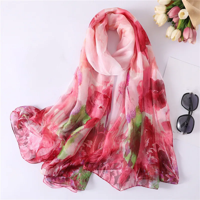

Boho Flower print scarf faux silk Spring summer women ladies Foulard painting floral Hijab Shawls Beach Cover-ups orange red