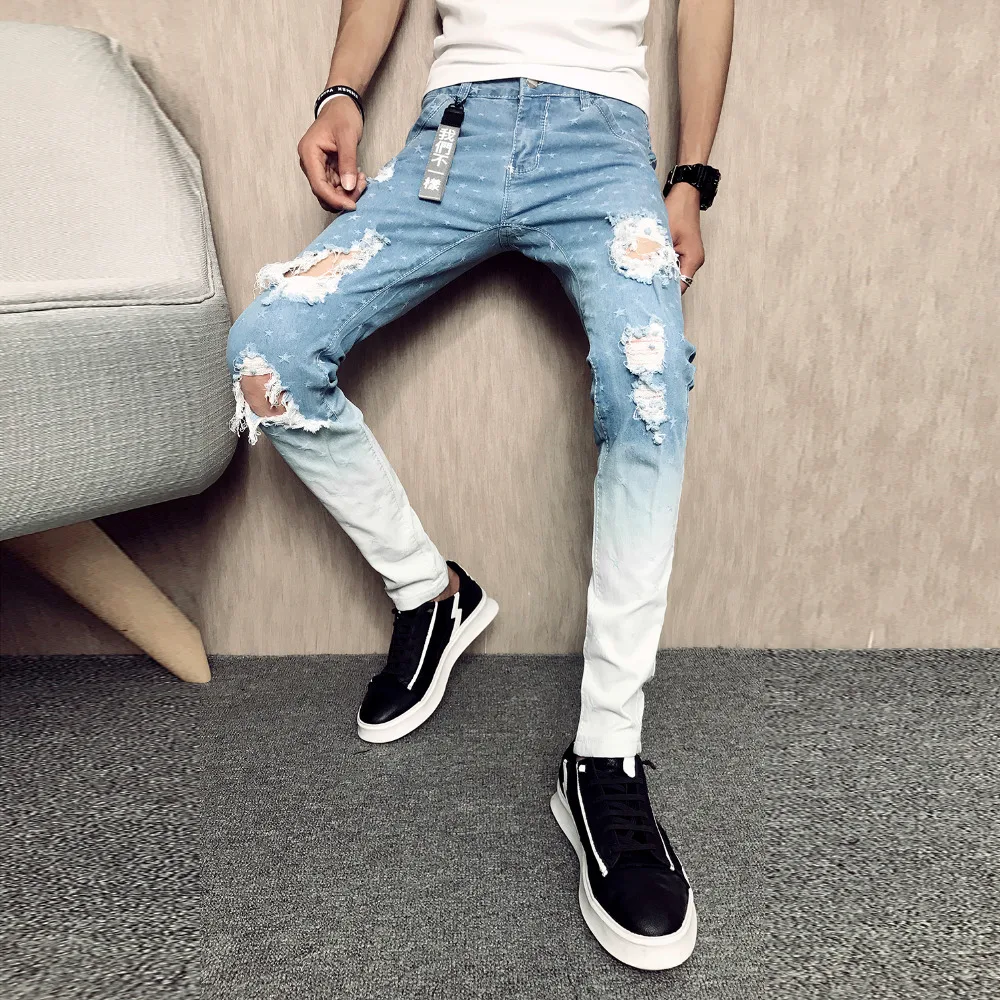 Light Blue Men Jeans Fashion 2018 Brand Designer Ripped Jeans Men Slim ...