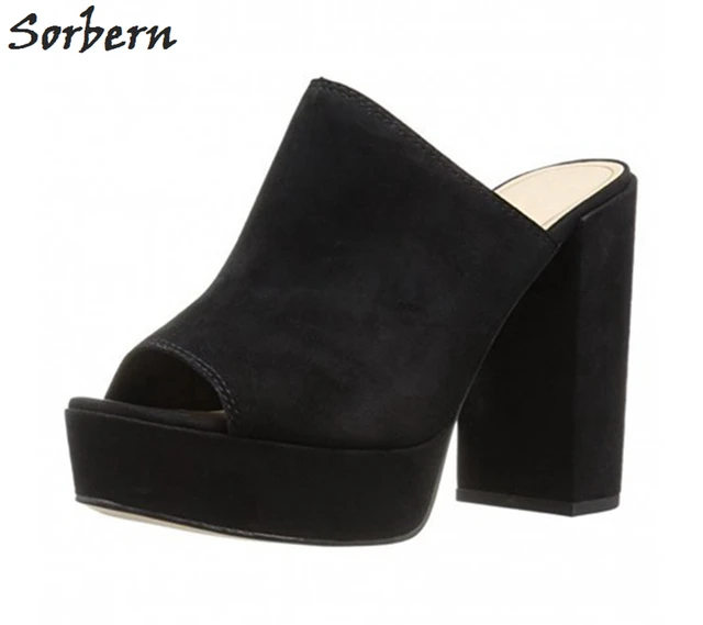 black chunky heel mules