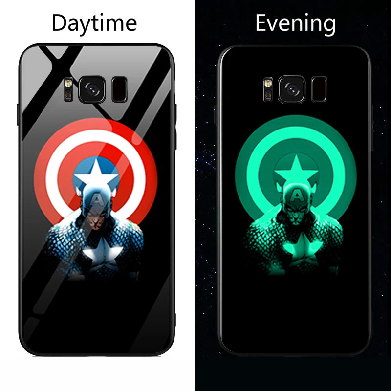 Марвел Капитан Америка светящийся стеклянный чехол для телефона для samsung Galaxy Note 8 9 s8 s9 s10 Plus Мстители задняя крышка Fundas Coque