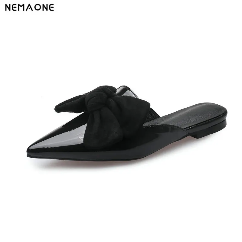 

NEMAONE Ladies slippers low square Heels shoes woman Summer poined toe bowties Women Shoes large Size 34-43
