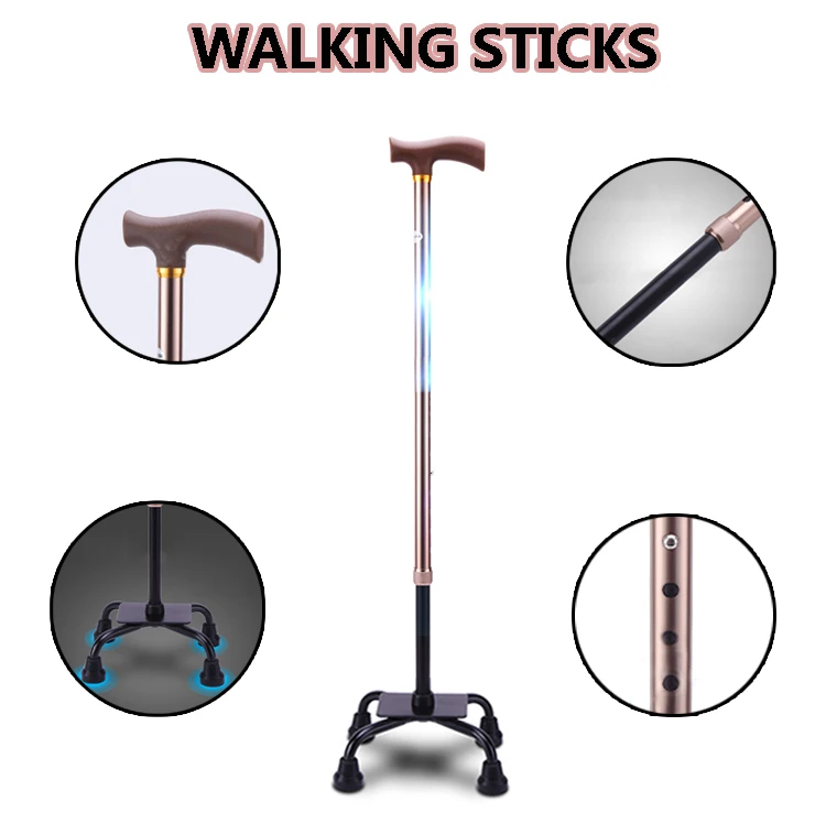 10 Levels Adjustable Quad Cane Aluminum Mobility Lightweight Walking