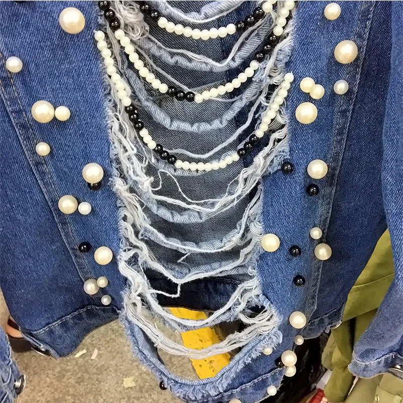 Perles Automne Slm Denim Nouveau Vendu Trou Femmes 2018 Jeackt xqw6I5Bx