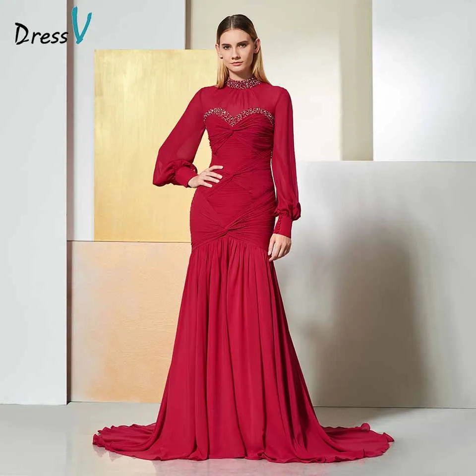 

Dressv burgundy evening dress high neck long sleeves beaded floor-length wedding party formal dress trumpet evening dresses