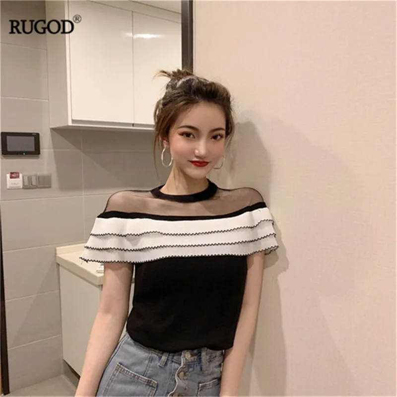 

RUGOD Korean Style Women O-Neck Ruffles Patchwork Top Summer Clothes 2019 T-shirt With Mesh Tee Shirt Femme футболки женские