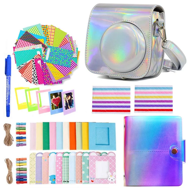 Аксессуары для камеры комплект для Fuji Instax Mini 8/8+/9 милый Креативный дизайн сумка/наплечный ремень/красочная наклейка/лазерный альбом - Цвет: Серебристый