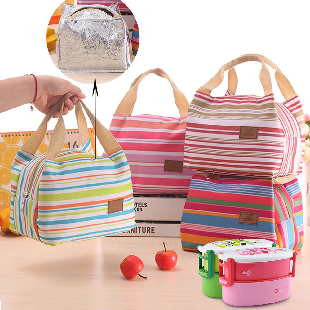 Portable Striped Lunch Bag Picnic Totes Thermal Insulated Cold keep