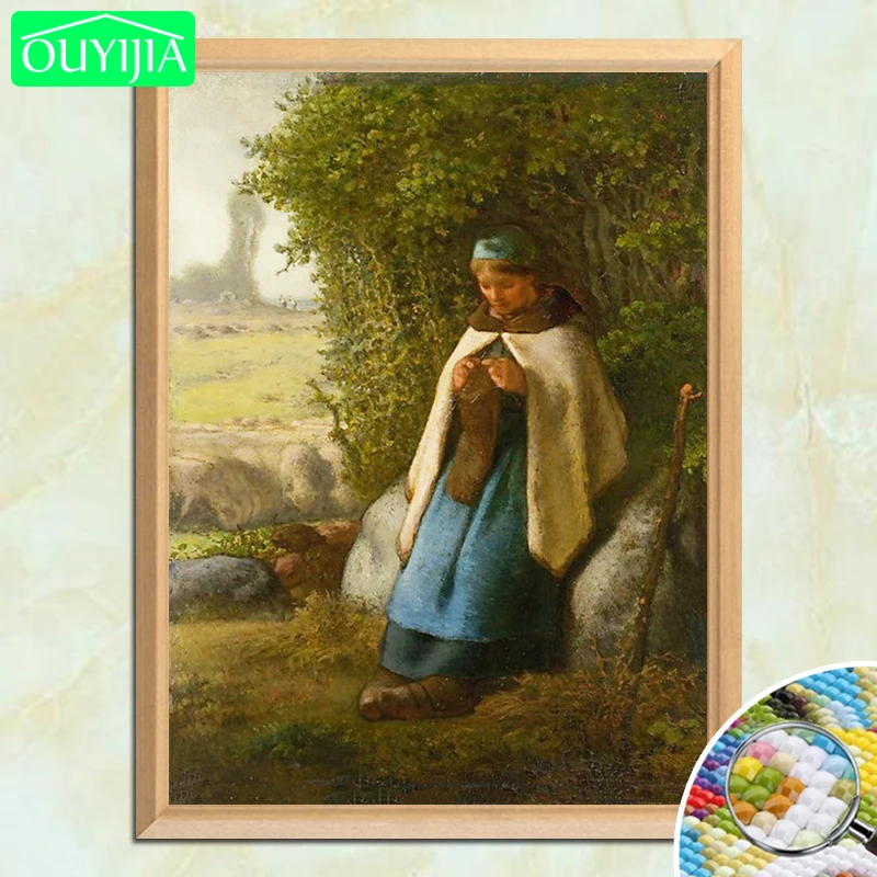 J.F Millet Famous Painting &quotShepherdess Seated on a Rock&quot 5D DIY Diamond Full Square Embroidery Rhinestones Pic | Дом и сад