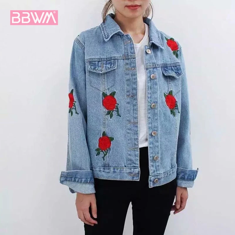 

2018 autumn new women's Korean version of the rose flower embroidery wild denim jacket short long-sleeved women's jacket coat