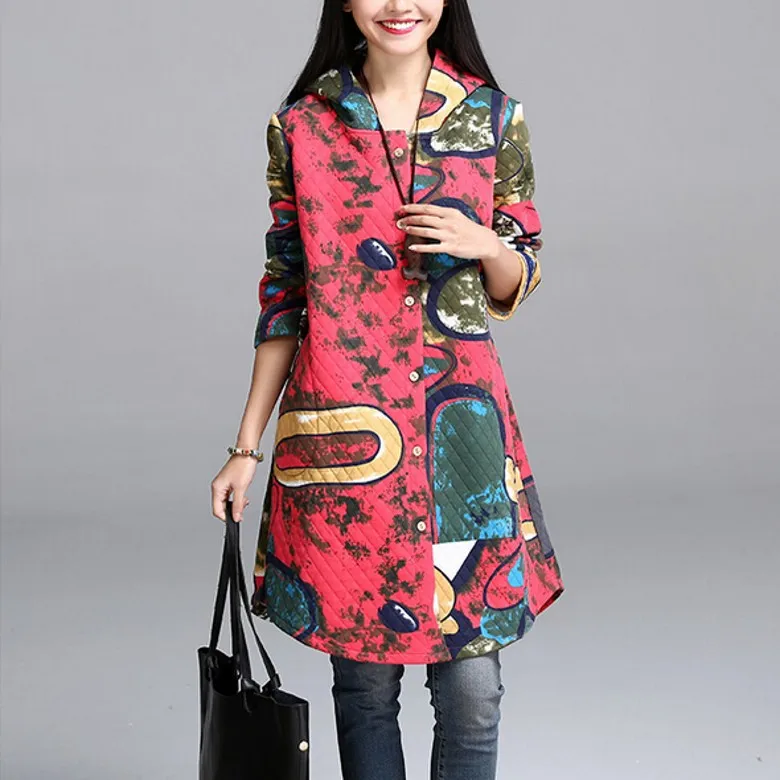 New2015Fashion women cute big size printed quilted cotton hooded coat outwear autumn winter loose elegant female