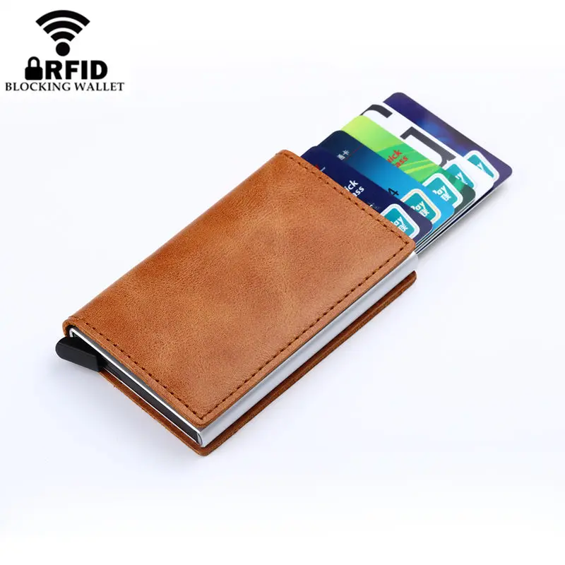 

2019 RFID Credit Card Case Business Card Holder Aluminium Business Card Holder Crazy Horse PU Leather Travel Card Wallet