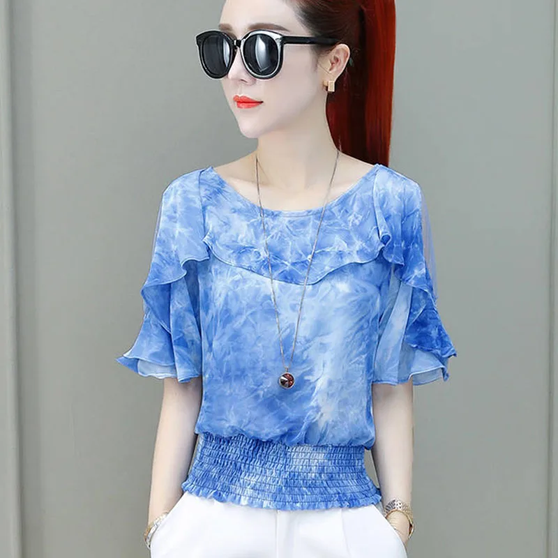 

Women Spring Summer Style Chiffon Blouses Shirts Lady Casual Short Sleeve O-Neck Off SHoulder Blusas Tops Blue Red DF2687