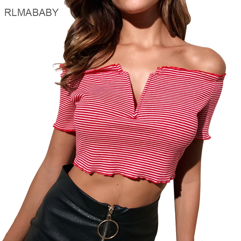 Rlmababy Chic Off Shoulder Stringy Selvedge Striped Crop Top Slim Strapless Short Sleeve Bustier Women Tops Casual Femme T Shirt T Shirt Top Casualstriped Crop Top Aliexpress