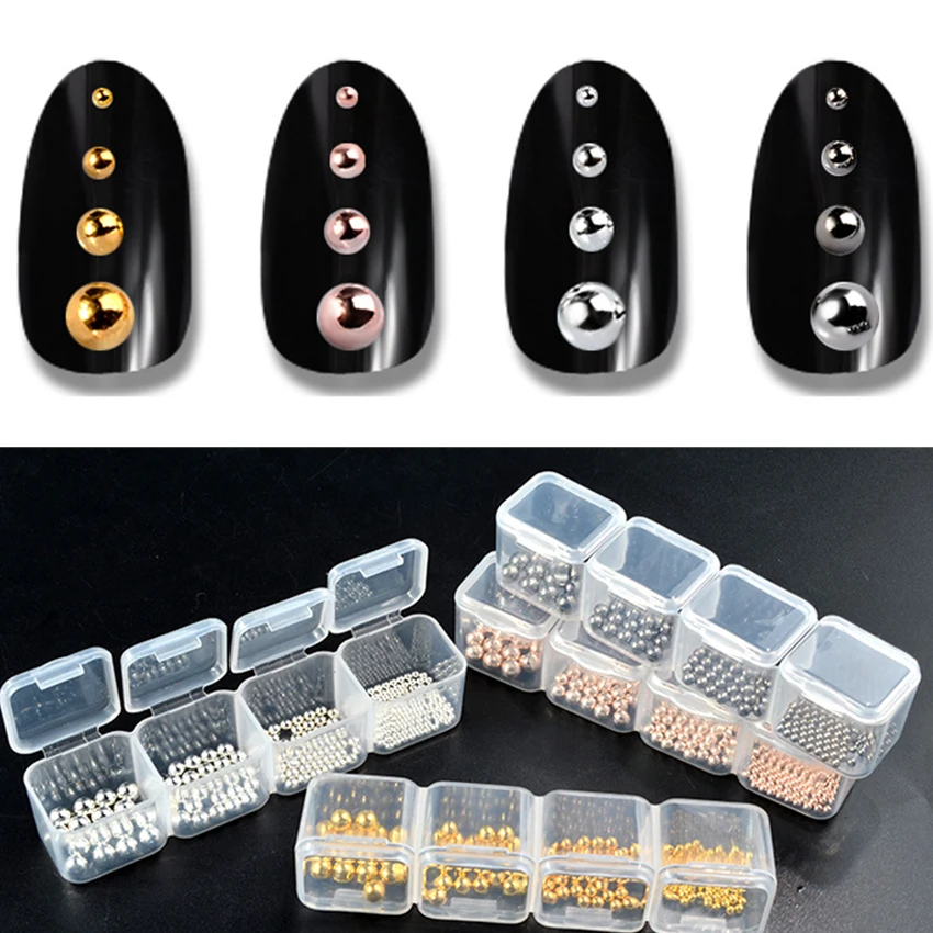 

Born Queen Nail Art Decorations Mini Steel Ball Beads Gold Silver Gun Black Metal Nail Beads 3D Mixed Size Nail Jewelery