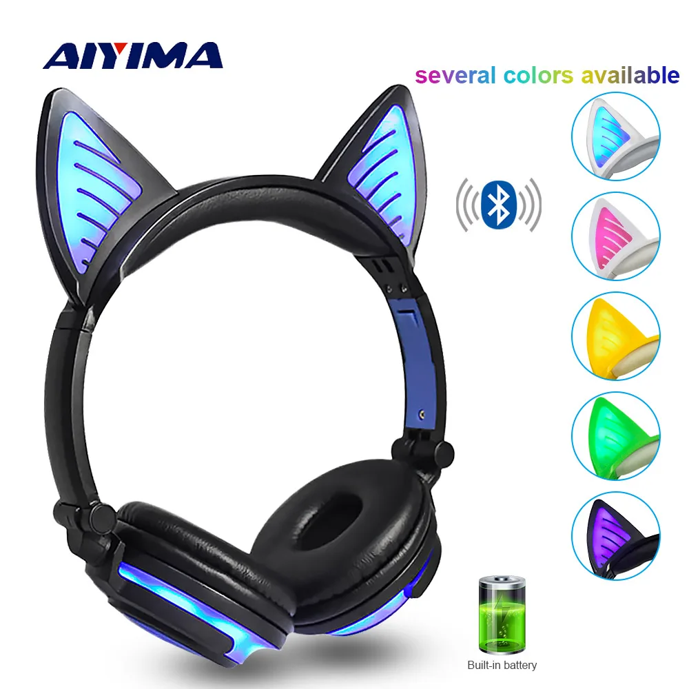 Беспроводные наушники AIYIMA Bluetooth складные мигающие с кошачьими ушками игровая