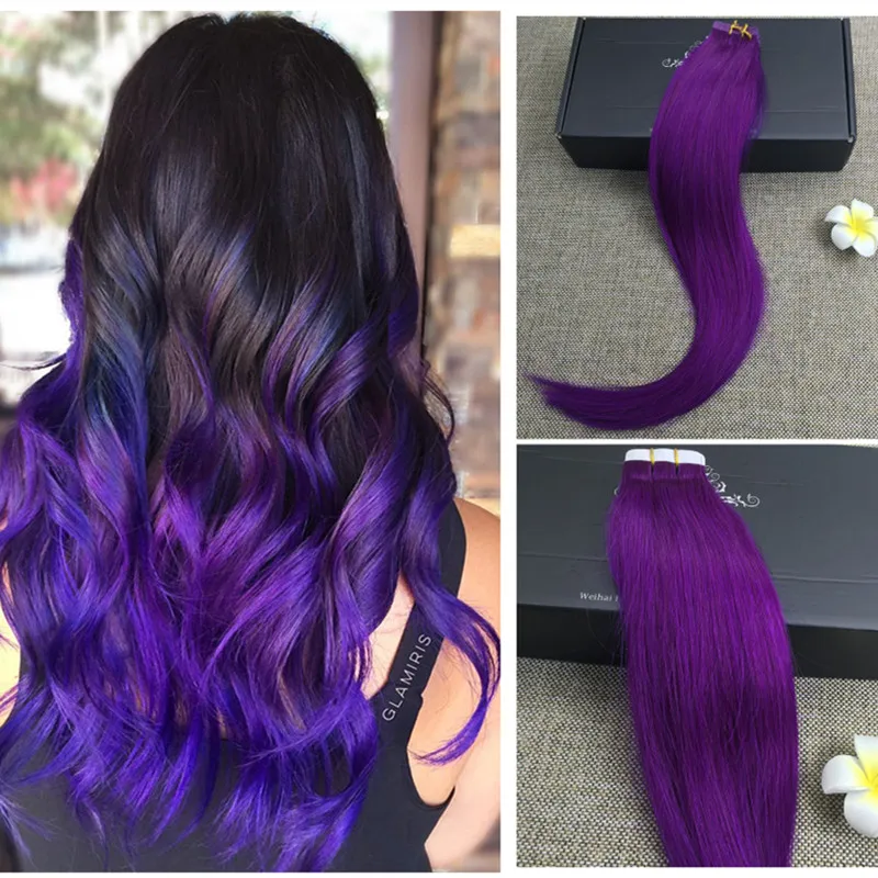 Full Shine Purple Tape in Hair Extensions Remy Human Tape Hair