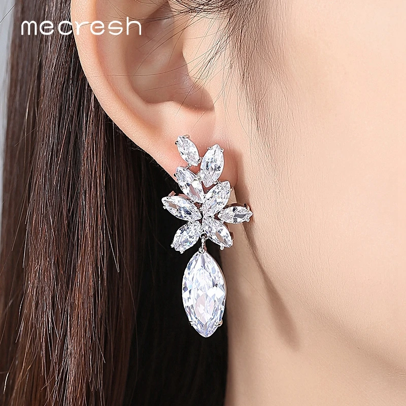 Mecresh Gorgeous Cluster Flower Drop Earrings for Women Statement Clear CZ Bridal Party Wedding Earrings Fashion Jewelry MEH1057