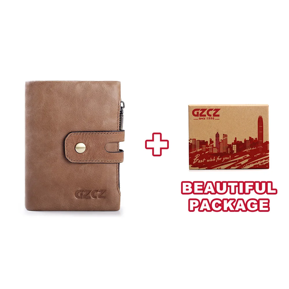 GZCZ мужской кошелек из натуральной кожи, мужской кошелек, держатель для карт, портмоне, маленький кошелек, мужской клатч на молнии, Portomonee, зажим для денег, сумка - Цвет: Brown-Box