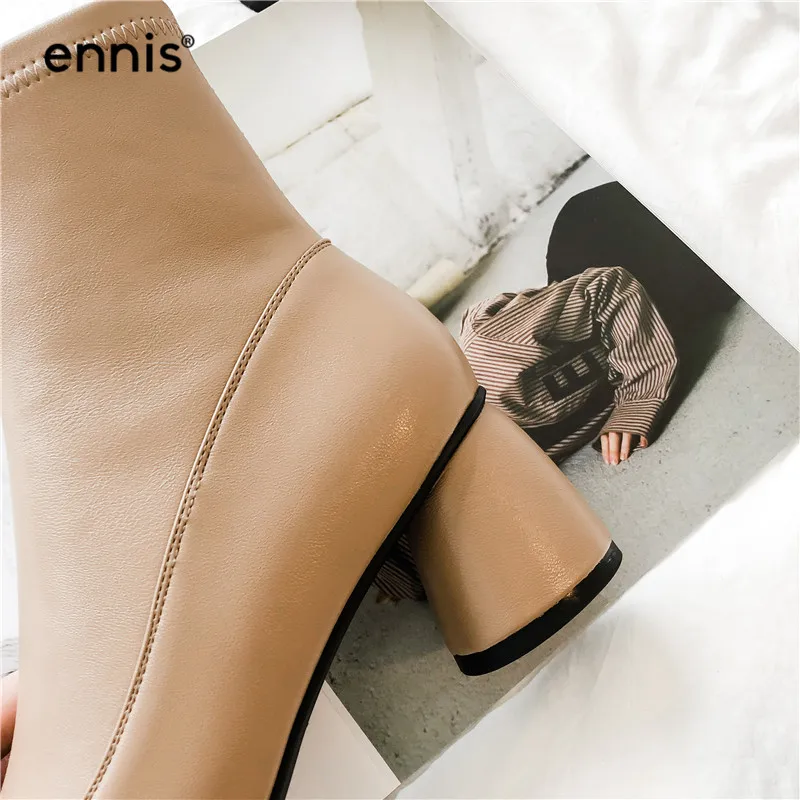 ENNIS Fashion Stretch Ankle Boots Women High Heel Boots Genuine Leather Boots Pointed Toe Shoes Autumn Winter Black A985