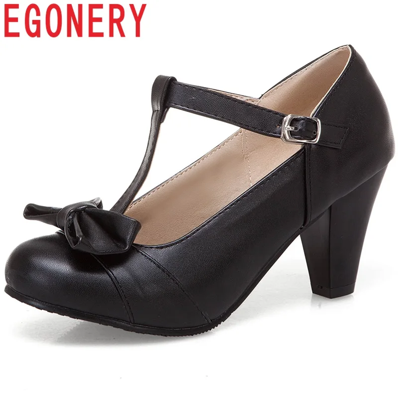 

EGONERY Cute girl lolita women heels new style T strap ladies 3 color plus size round toe high heels bowtie pumps shoes woman