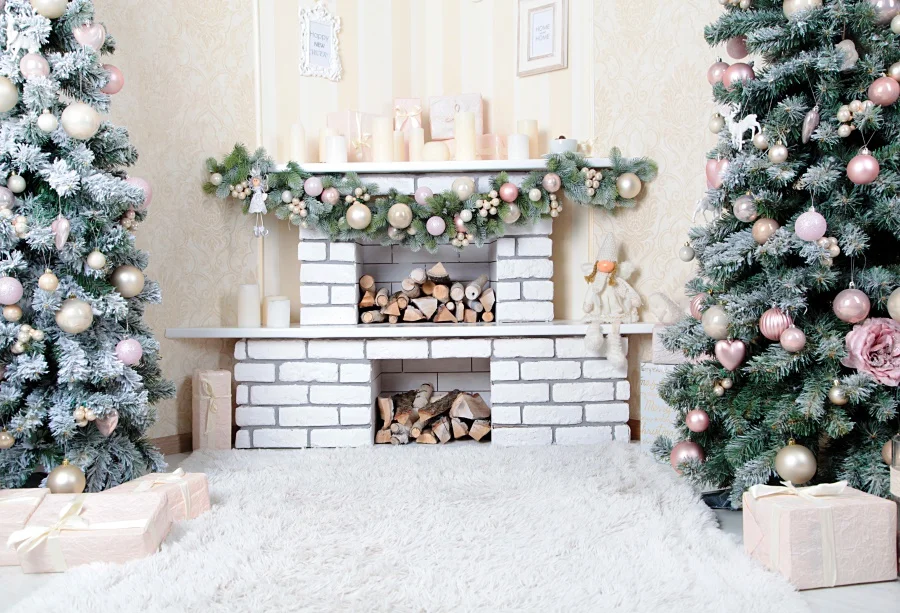 

Laeacco Gray Fireplace Christmas Candle Gift Tree Wreath Carpet Wood Portrait Photo Backgrounds Backdrops Photocall Photo Studio
