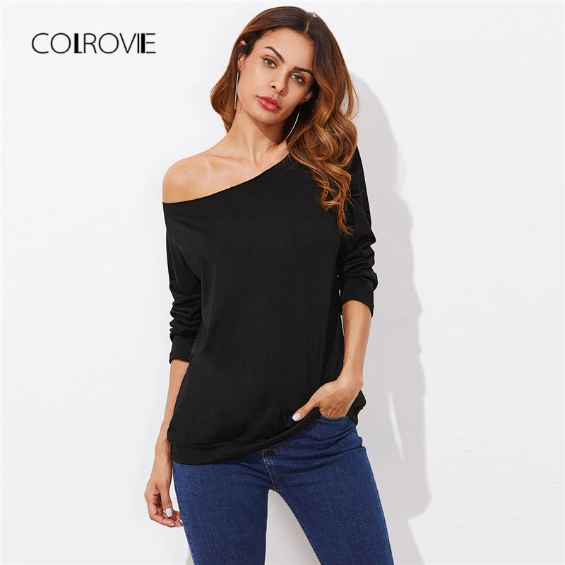 

COLROVIE Black Ripped Cut Bardot Casual T-Shirt 2018 Autumn New Stretchy Shirt Off the Shoulder Top Tee Basic Women Clothing