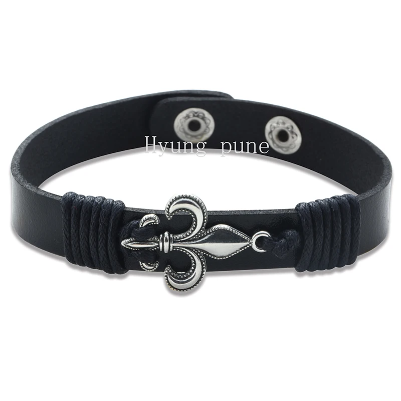

1pcs! Fashion Silver Snap Button Fleur De Lis Charm Bracelet Custom Genuine Leather Wristband Cuff For Women Men Adjustable