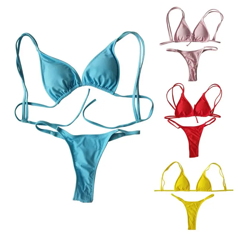 

Womens Sexy Two Piece Bikini Set Double Spaghetti Shoulder Straps Bra Low Waist Thong Sweet Candy Color Swimsuit Ruched Detail B