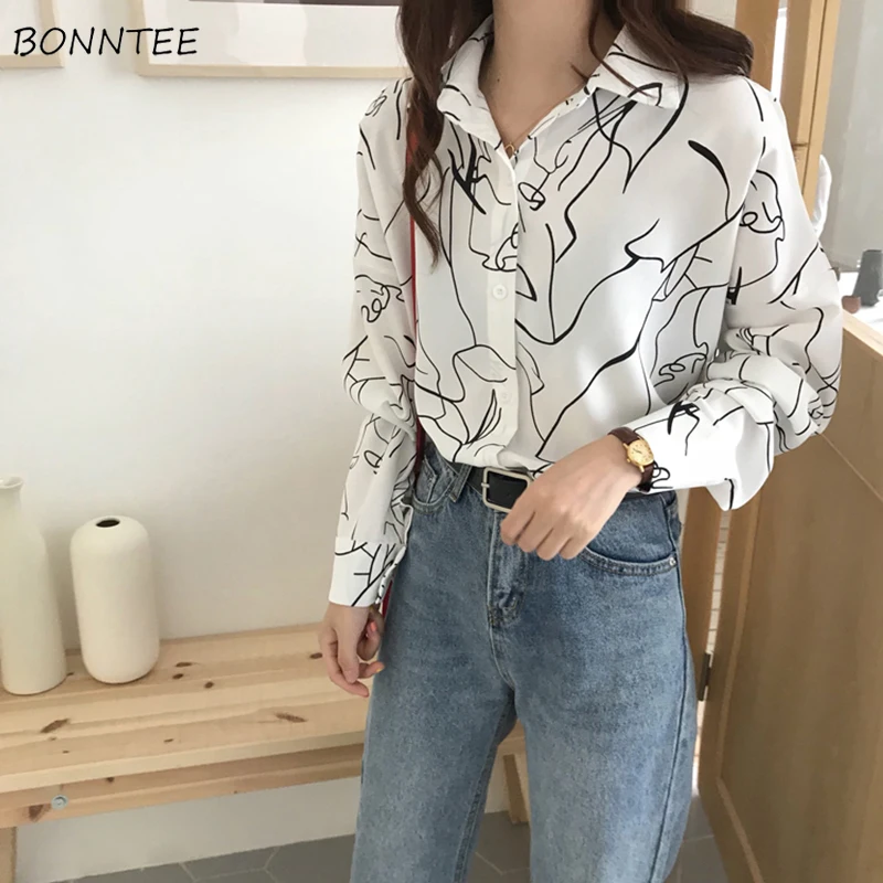 

Shirts Women Retro Print Slim All Match Leisure Chic Simple Womens Korean Style High Quality Turn-down Collar Fashion Clothing