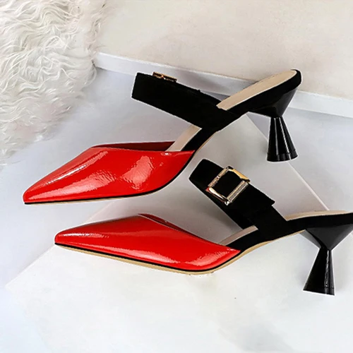 Boussac/разноцветные женские босоножки с геометрическим каблуком; пикантные босоножки на высоком каблуке с острым носком; элегантная женская обувь с пряжкой; SWC0404 - Цвет: red