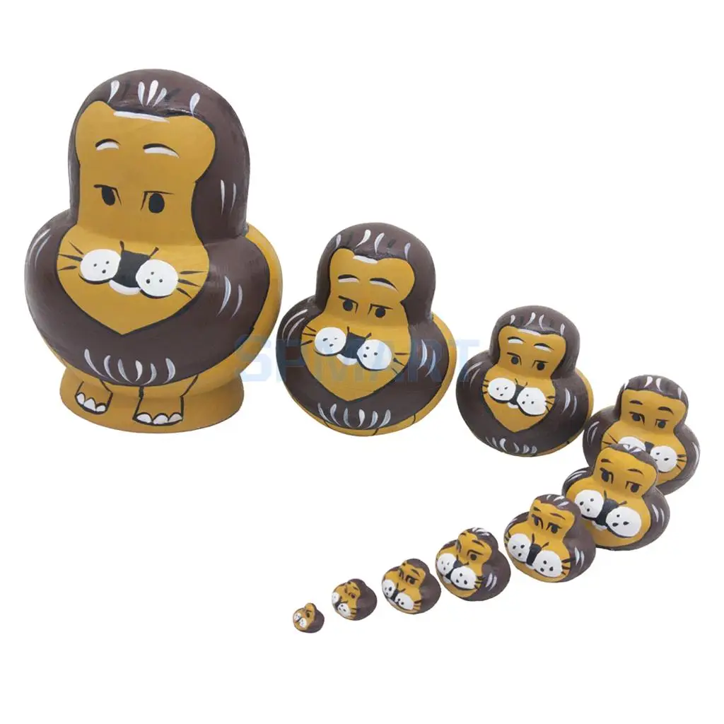 10Pcs Wooden Russian Nesting Dolls Toy Handmade Matryoshka Babushka Cartoon Animals Lions Pattern Dolls Christmas Gifts